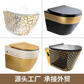 外贸跨境中东印度彩金电镀金色壁挂式马桶陶瓷墙排悬空悬挂坐便器