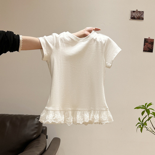 Pure Desire Lace Hem Crew Neck Short Sleeve T-Shirt for Women - 2025 Summer New Slimming Fashion Student Top