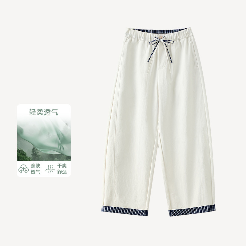 2026春夏新款女双拼撞色格子纹云朵空调裤宽松阔腿透气休闲运动裤