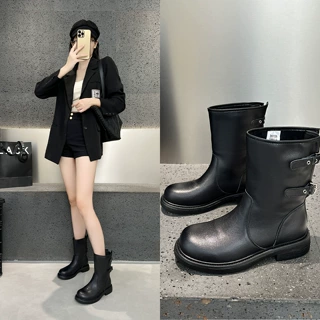 头层牛皮马丁靴女香风弹力袜雨女2026圆头拼色厚底短筒沙滩瘦潮流