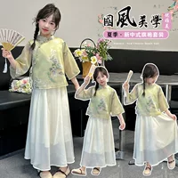 Летний костюм для девочек Hanfu 2025 новое иностранное платье для детей с короткими рукавами