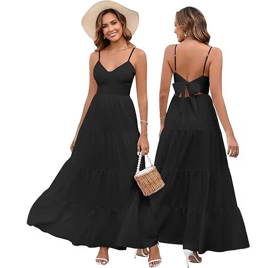 Women's Casual Maxi Sundress V Neck Spaghetti Strap Bowknot Backless Flowy Bohemian Beach Long Dress
