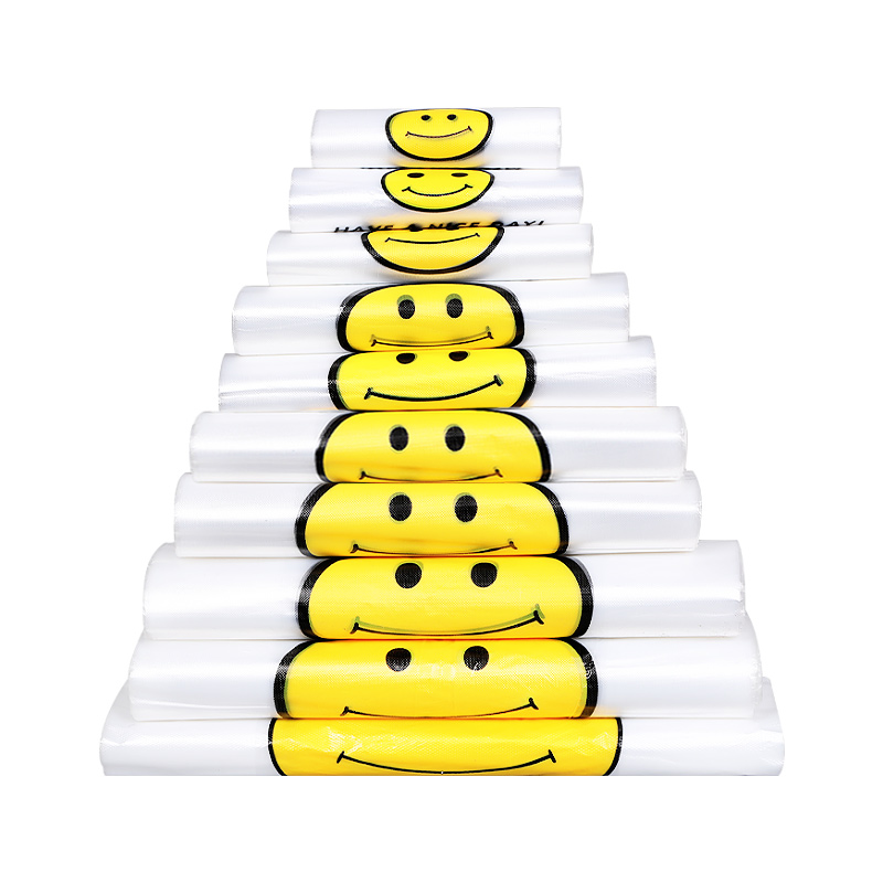 Bolsas de plástico sonrientes bolsas de alimentos al por mayor para llevar empaque conveniente chaleco portátil bolsas de compras de supermercado comerciales fijas