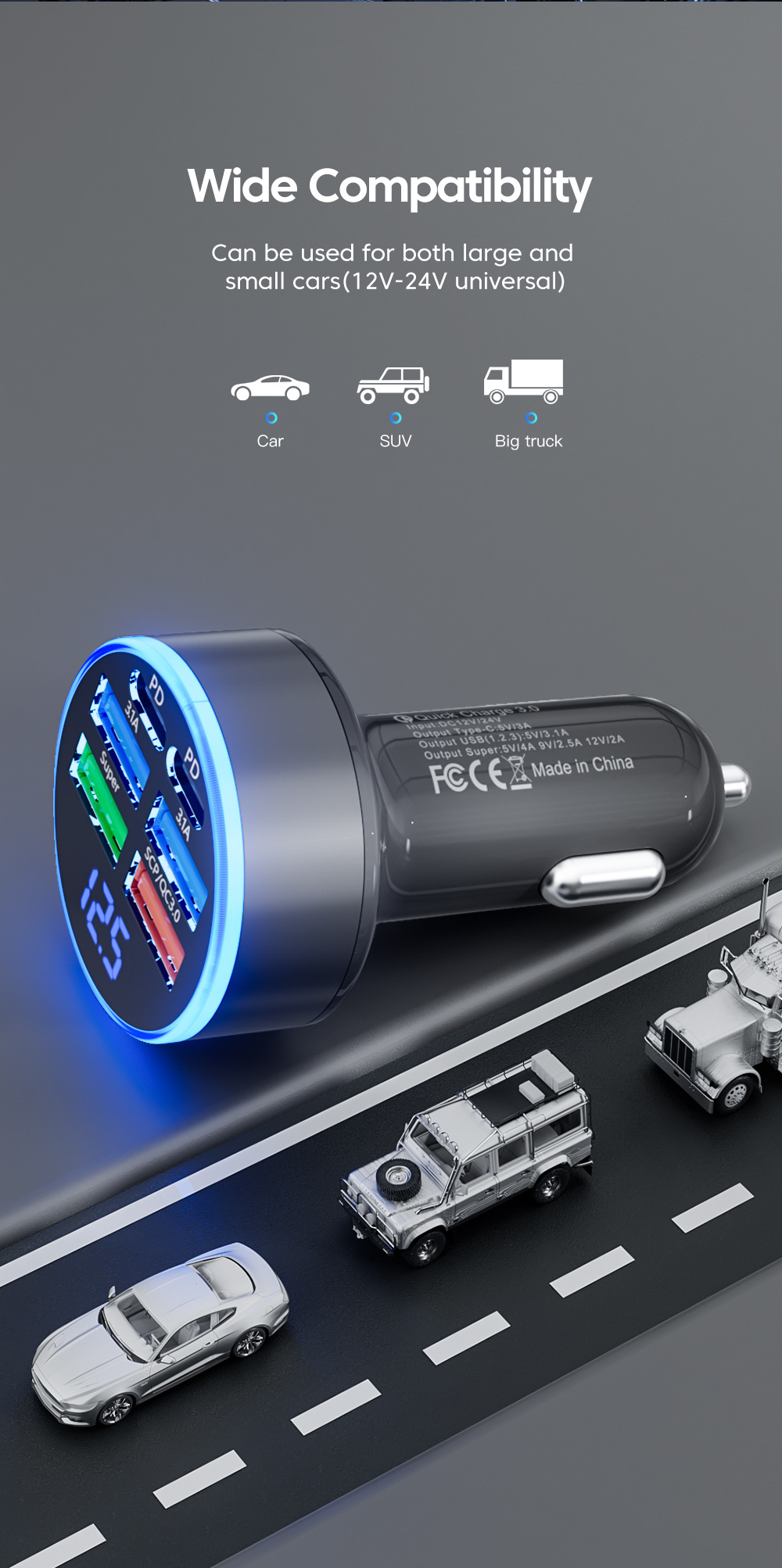 Multi-port with digital display support super fast charging 6/8 port with voltage vehicle-mounted one-to-six/8-car fast charging cross-border