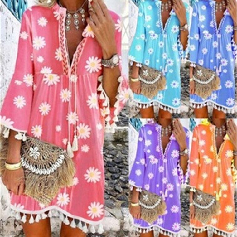2023 Summer New Hot Sale wish Amazon Printed Daisy Seven Sleeve Tassel V-neck Printed Dress