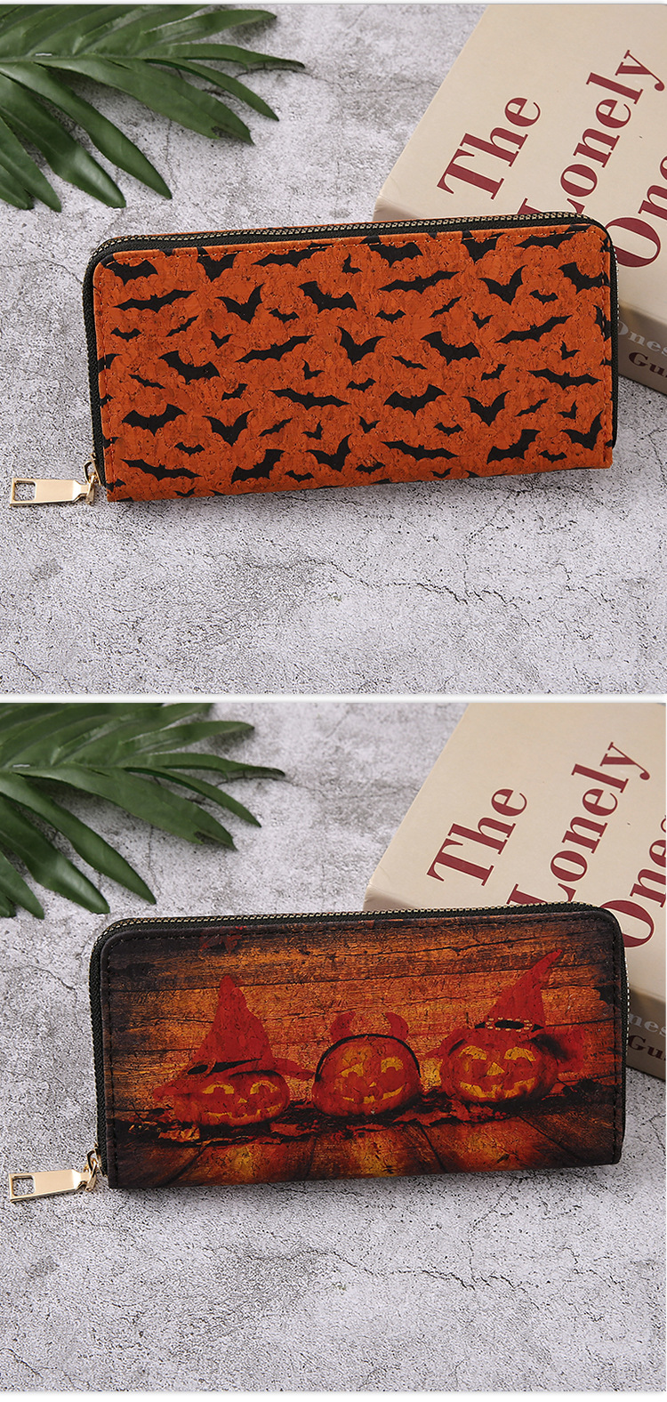 Halloween Festival Pumpkin, Bat Pattern All Seasons Season Unisex Pumpkin Bat Pu Leather Side Zipper Wallets