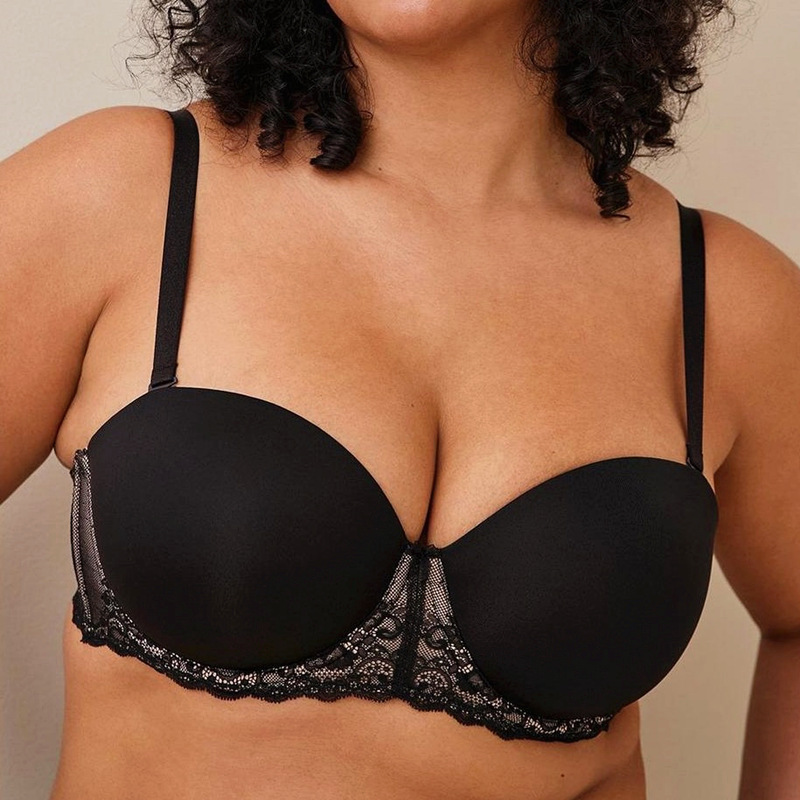 European and American Black Half Cup Strapless Push-Up Non-Slip plus size Bra Large Chest Shoulder Small Collated Accessory Breast Strapless Dress Underwear