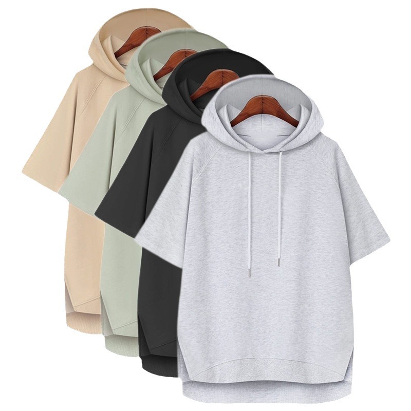 Estilo coreano color sólido simple verano cordón camiseta verano Mujer suéter con capucha manga corta suelta split 200kg Campus Todo a juego