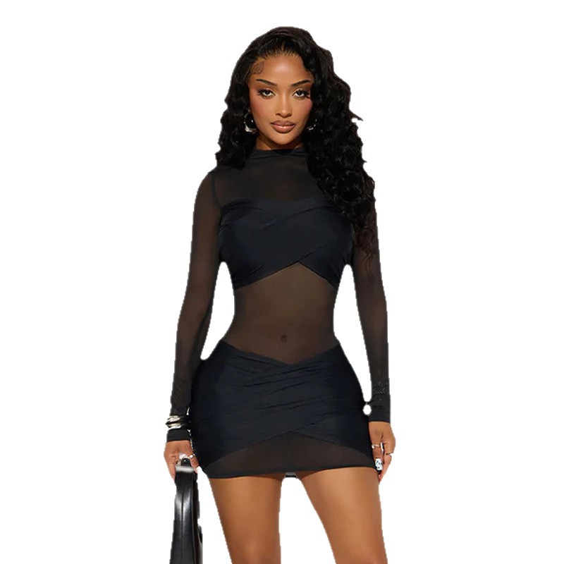 Comercio exterior Europa y Estados Unidos ropa de mujer otoño y invierno nuevo color sólido sexy cuello redondo de manga larga malla empalme perspectiva vestido corto image 5