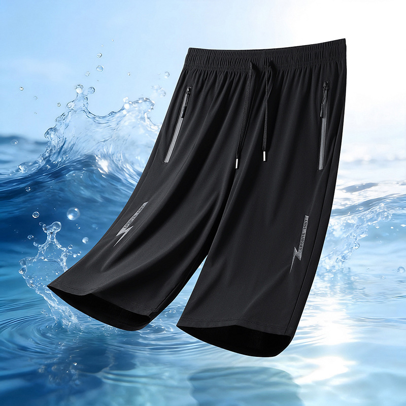 Summer New Style Ice Silk Cropped Pants for Men, Custom Logo, Cool and Breathable, Loose Straight-Leg Casual Mid-Length Pants for Men
