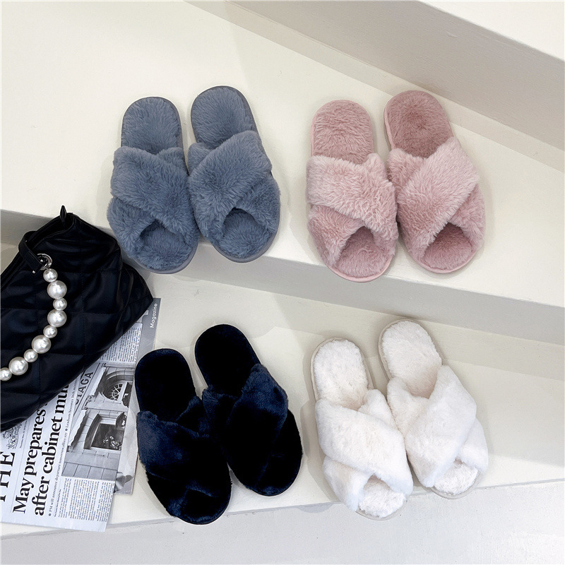 Pantuflas de lana cruzada de estilo explosivo transfronterizo para mujeres en otoño e invierno