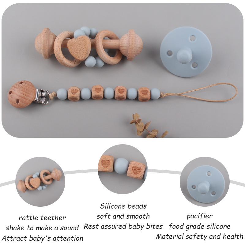 Bebé de dibujos animados de haya corazón sonajero mordedor calmante bebé silicona pezón mordedura chupete cadena traje de tres piezas