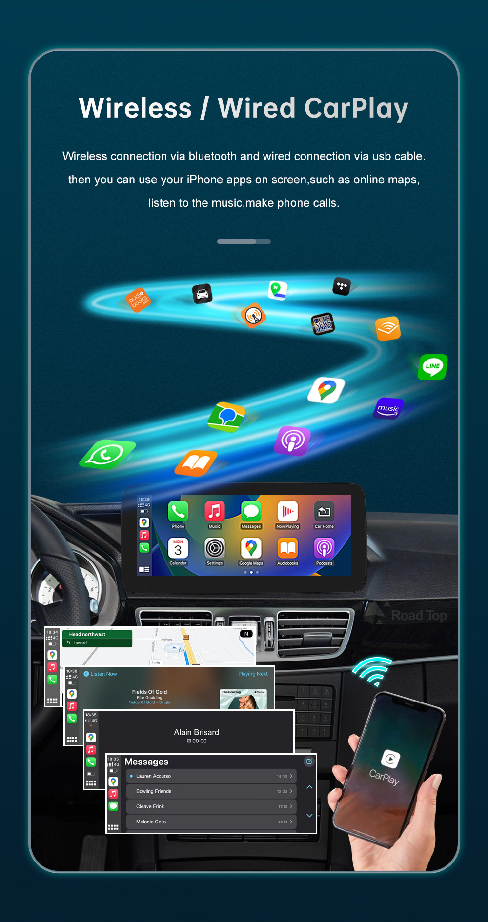 RoadTop wireless CarPlay screen for Mercedes-Benz E-Class NTG4.0/4.5/5.0 display