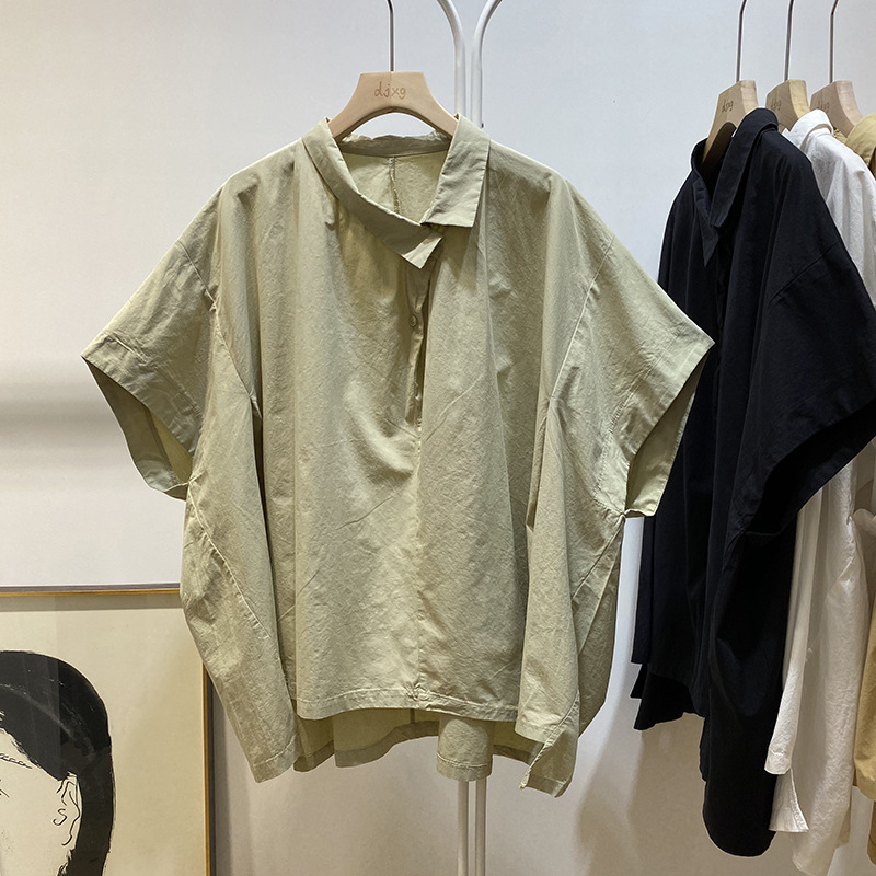 夏季个性不规则下摆翻领前短后长衬衫女宽松慵懒短袖上衣