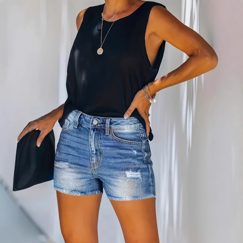 Ladies' denim shorts with holes, mid-rise, multi-color fashionable summer new items exclusively for women, slimming