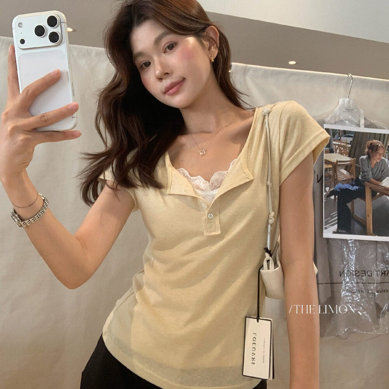 Lemon Green Tea Summer French-Style Half-Button Short-Sleeve T-Shirt with Lace Camisole Two-Piece Set for Women