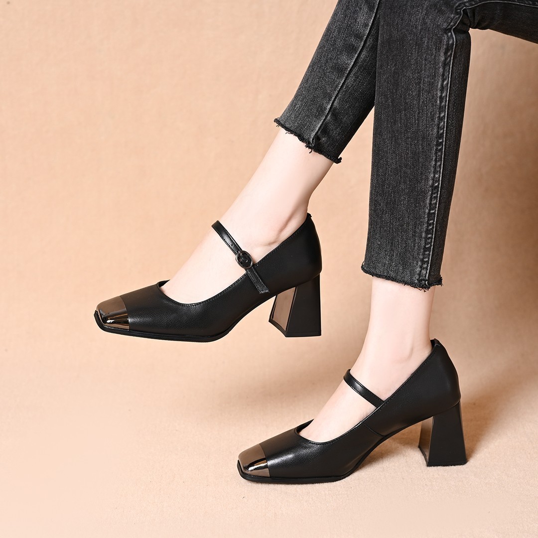 铁头方头拼色单鞋2025外贸新款欧美风浅口环腿粗高跟女鞋