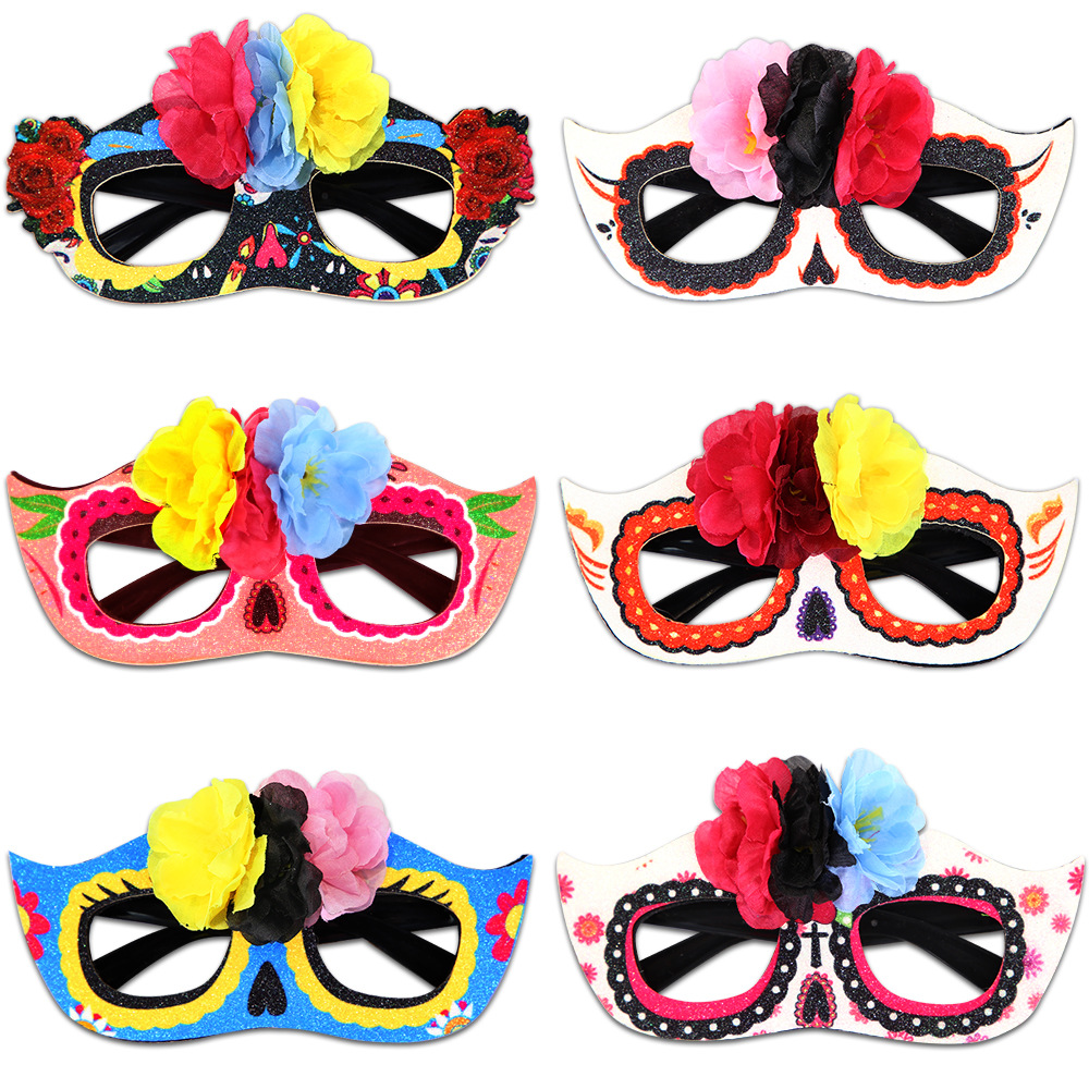 Nuevo día de muertos mexicanos máscara de mitad de cara para adultos niños fantasmas fiesta de maquillaje flores esqueleto gafas de fotos