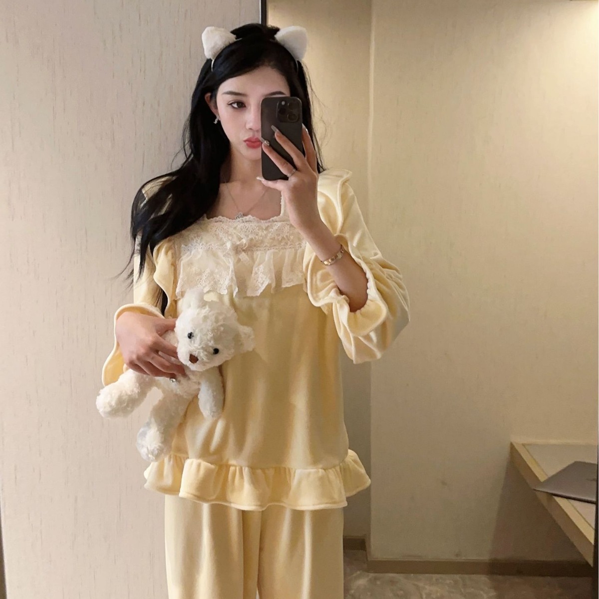 YASE [la mente de la niña] estilo princesa coreana forrado de lana gruesa pijamas de franela de invierno de las mujeres de manga larga homewear
