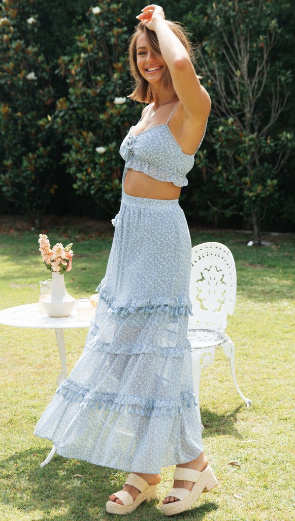 chiffon printed crop camisole ruffled long skirt set NSJKW121312