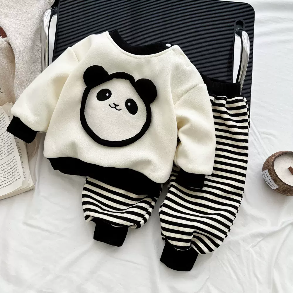 儿童秋冬套装2024加绒婴儿衣服韩版卡通熊猫卫衣卫裤两件套外出服