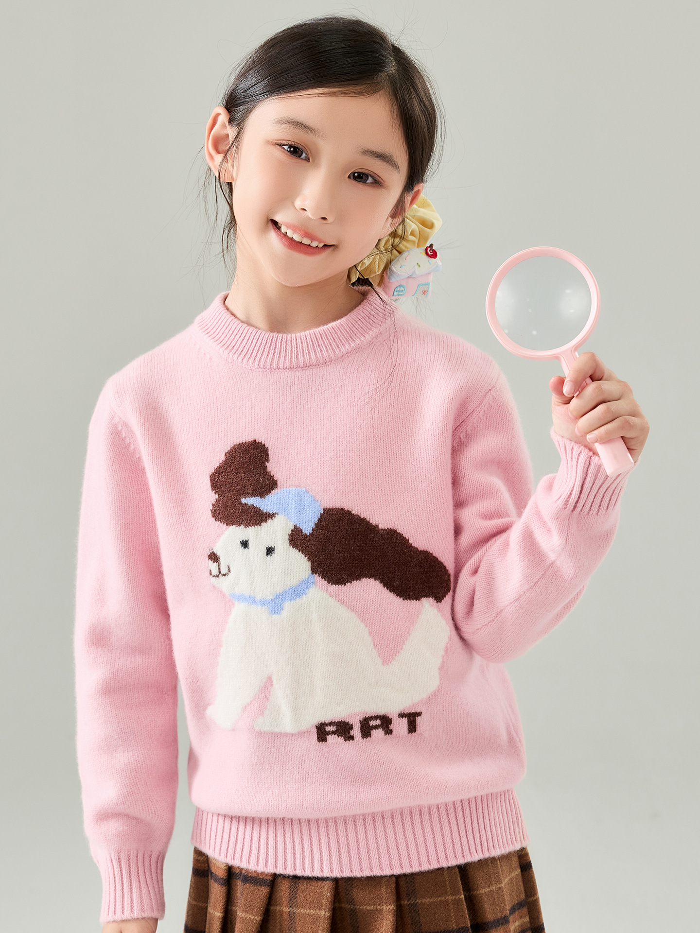 Girls' Cartoon Puppy Wool Sweater, Autumn and Winter Children's Round Neck Pullover Sweater, Soft and Skin-Friendly Knitted Top for Medium and Large Children