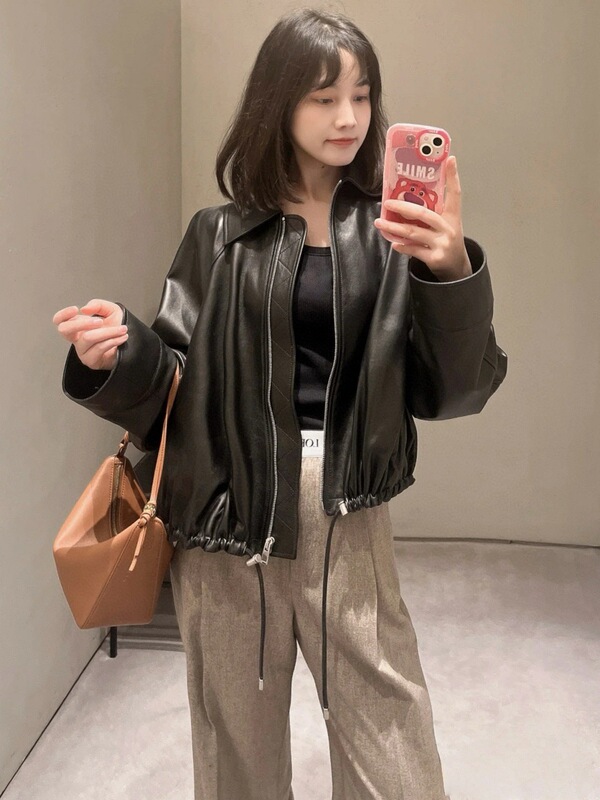 2025新款酷女孩腔调机车皮衣外套女春秋短款美式黑色复古夹克上衣|undefined