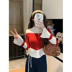 撞色设计感立领喇叭长袖针织衫女春季2025新款修身显瘦系带毛衣潮