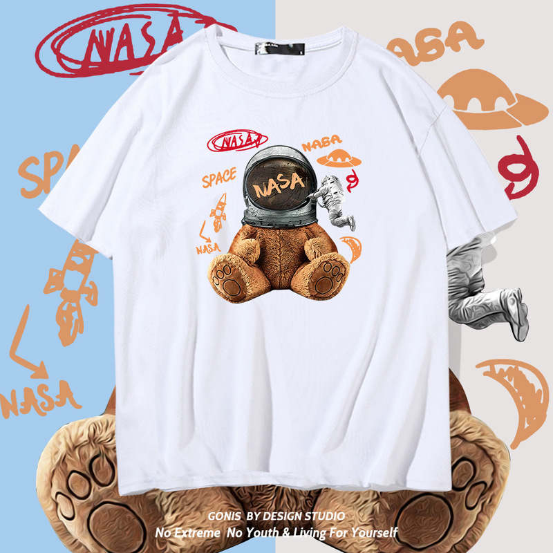 NASA Bear Combed Cotton Short Sleeve T-shirt Men and Women Cartoon NASA Text Creative Loose Top Y