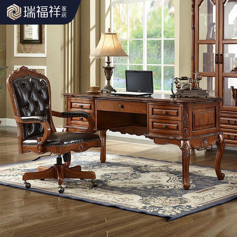 Ruifuxiang American-Style Desk 1.2m Home Office Desk 1.4m European-Style Solid Wood Carved Study Computer Desk