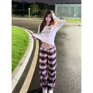 夏季原创美式复古红黑格子休闲直筒裤男女款宽松阔腿拖地格纹裤潮