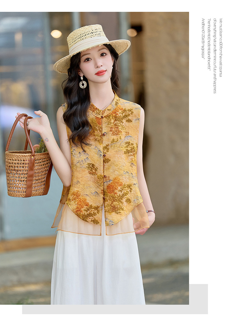 Bộ quần áo nữ hai mảnh gồm áo sơ mi cổ đứng họa tiết jacquard và quần ống đứng — Màu ảnh chi tiết 14