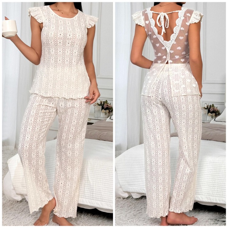 Cross-Border Homewear Pajamas Amazon Hollow-Out White Long Pants High-Waisted Wide-Leg Casual Pants Women's Two-Piece Set Hollow-Out