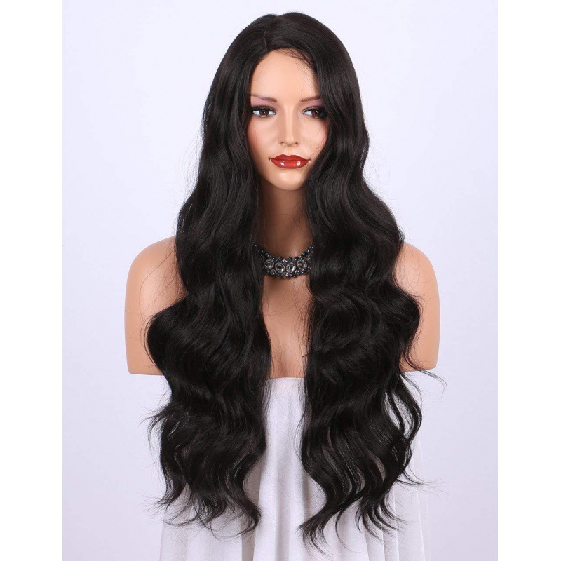 Cross border Europe and America Long Curls wave wig black Middle score Fiber hair Wig Headgear Manufactor wholesale