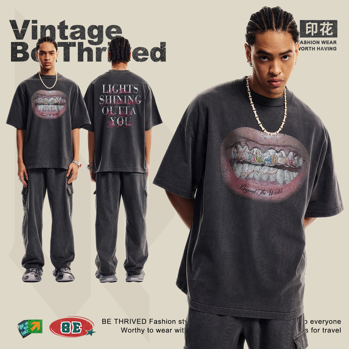 BE ropa de hombre 2025 verano algodón suelto tendencia camiseta hombre marca de moda americana pesado viejo estampado manga corta verano