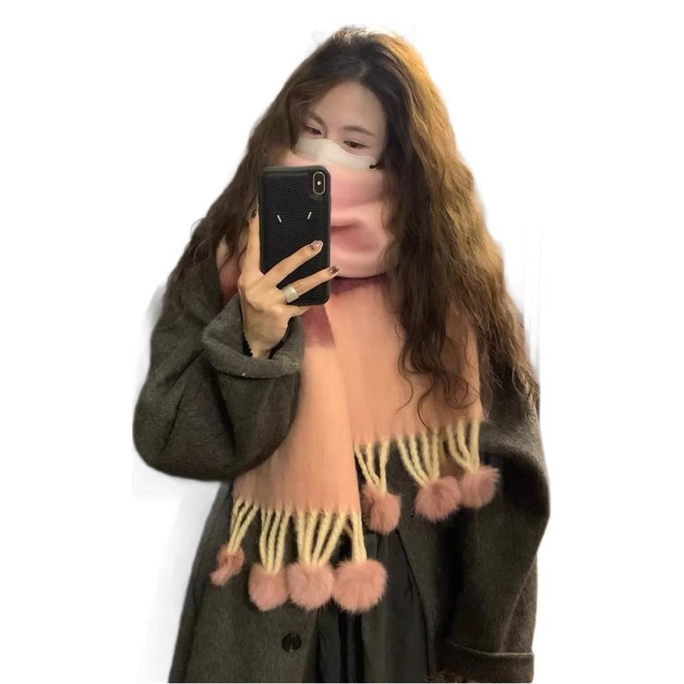 Dopaminfarben gestreifter handgemachter Wollknäuel warm für Frauen im Winter, neue koreanische Version verdicktes kältebeständiges Paar_voghion.com