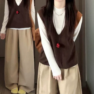 半高领针织打底衫套装叠穿v领咖色毛衣马甲背心设计感女装两件套