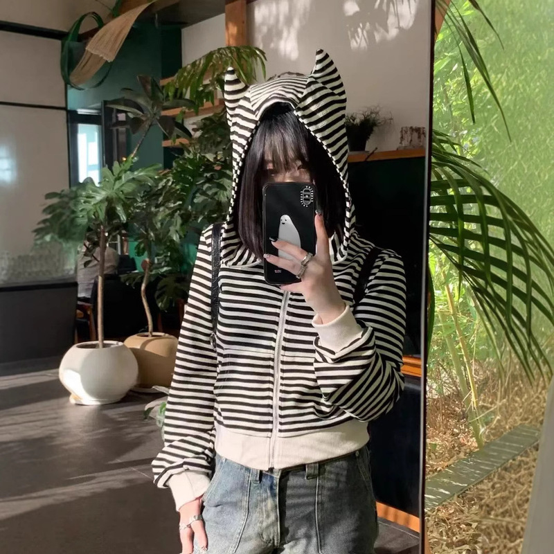 Cat Ears Deviruchi Striped Hooded Sweater Spring and Autumn Distinctive Hot Girl Slim-fit Short Jacket Zipper Top Cardigan