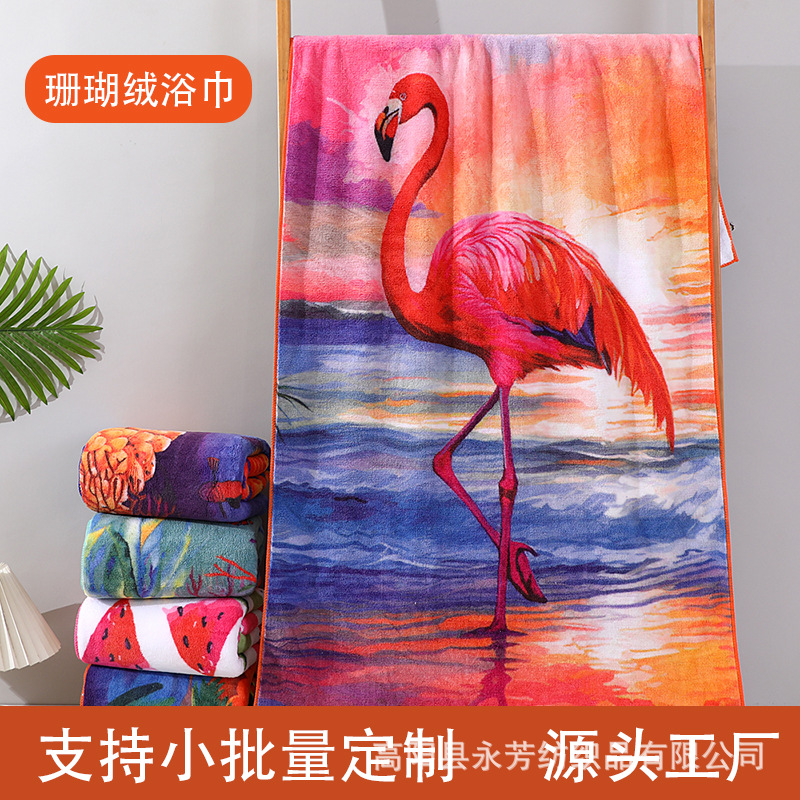 小批量定制珊瑚绒沙滩巾比纯棉吸水速干加厚高清印花大浴巾批发