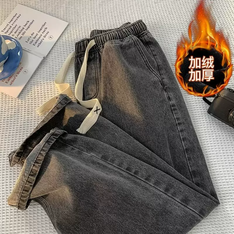 秋冬加绒直筒高腰浅色胖mm牛仔裤女宽松大码小个子阔腿松紧腰裤子