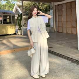 又酷又飒的穿搭套装女2026夏季新款抽绳工装马甲T恤阔腿裤三件套