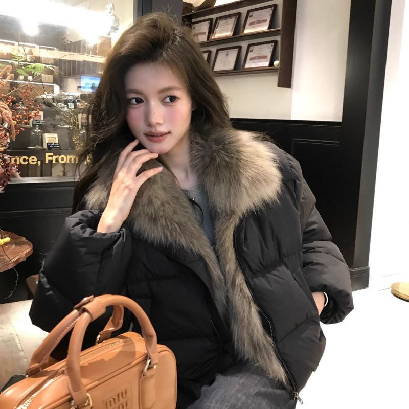 现货冬季新款短款羽绒服女毛毛领宽松加厚小个子韩版皮面包服外套