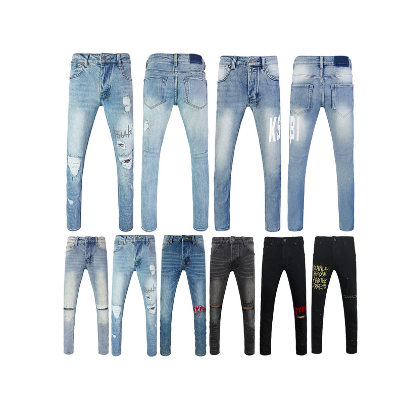 New High Street Fashion Brand Ksb Men's Slim Fit Patchwork Ripped Jeans, Stretchy Slim-Fit Skinny Pants