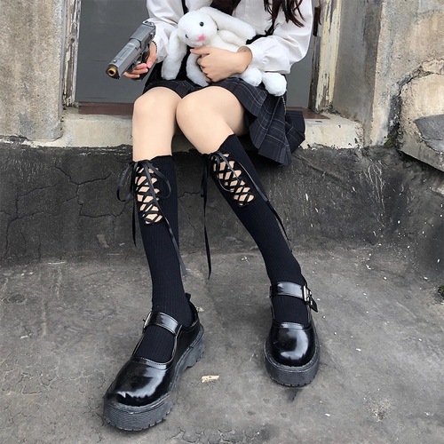 Japanese lolita personality solid color cross hollow calf socks female jk college style Lolita trendy soft girl versatile
