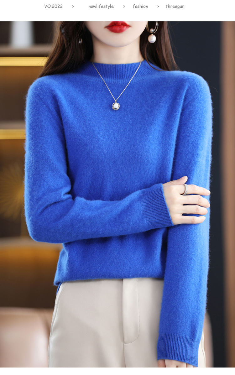 2022 Autumn and winter Cashmere sweater for women, semi-high collar, slimming, pullover, solid color 100 long-sleeved knitted base wool sweater pic 40