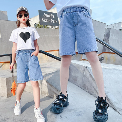 Girls' denim mid-pants new summer clothing versatile medium-sized children's casual five-six-point pants little girl shorts