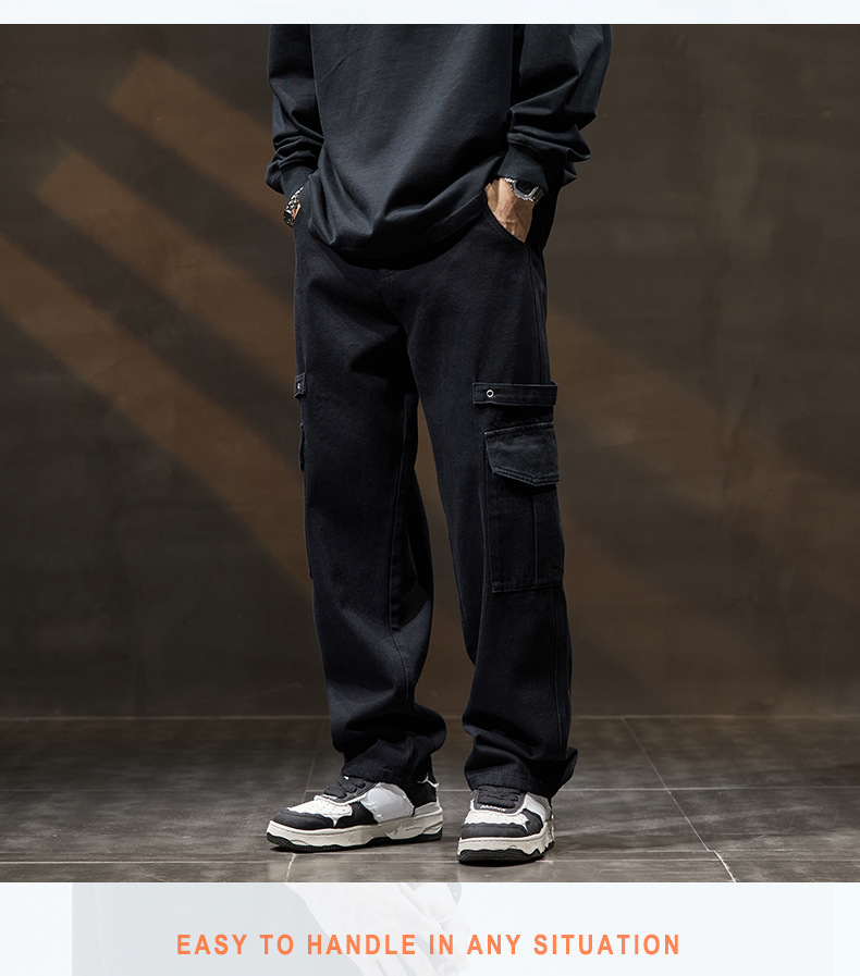 Cargo Jeans High Street Black Functional Style Cargo Pants Multi-pocket Straight Leg Casual Pants Men_viptrois.com