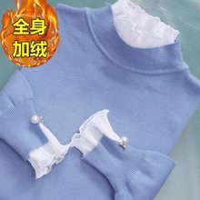 加绒加厚蕾丝假两件保暖毛衣女2025冬季新款喇叭袖针织衫短款上衣