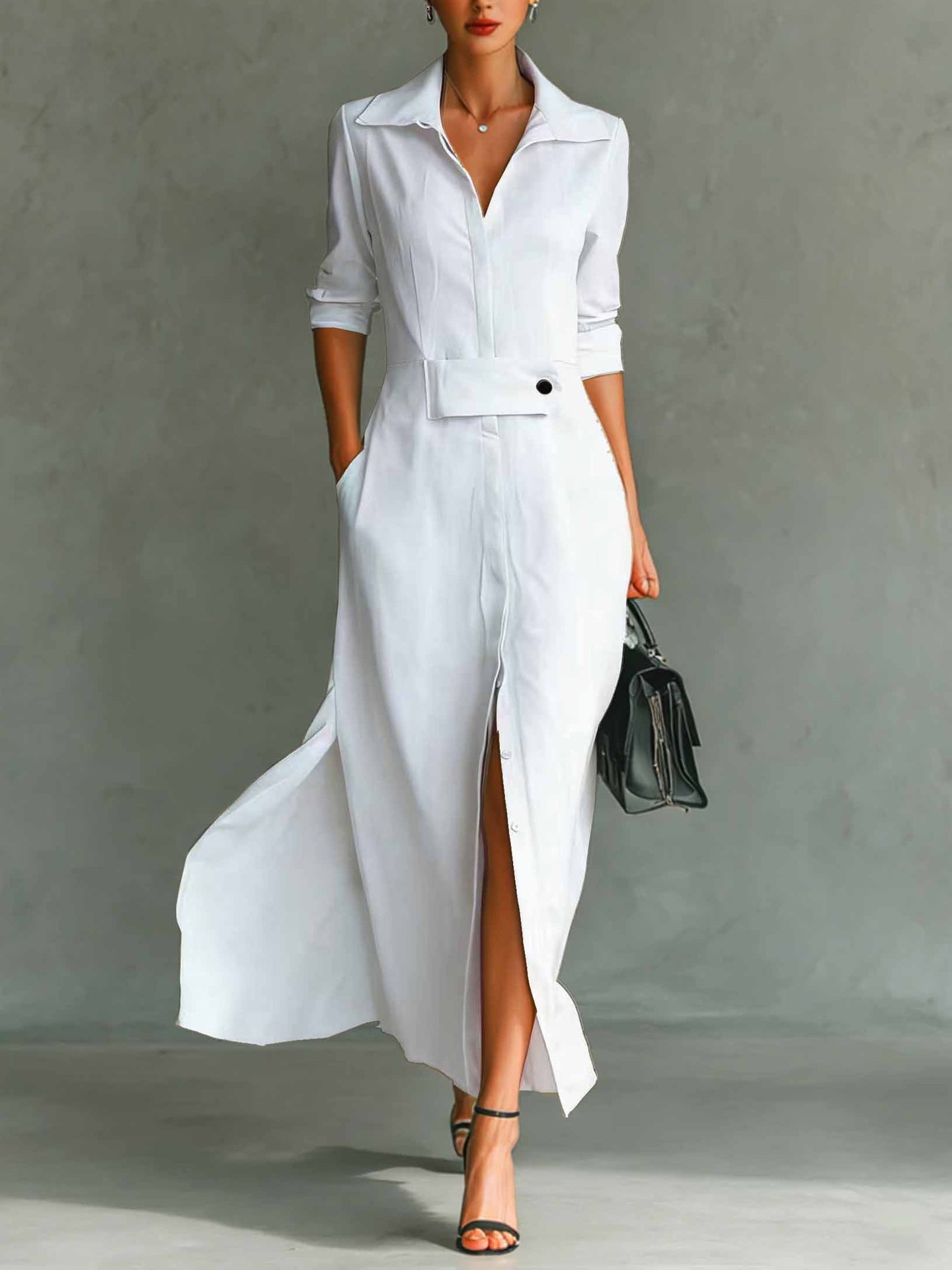 2026 European And American Cross-border Independent Station Long-sleeved Casual Elegant Slit Shirt Dress_ecoleips.com
