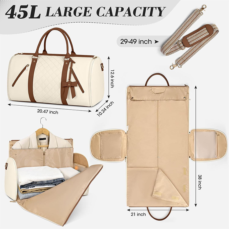 Nueva bolsa de ropa de viaje para mujer, ropa convertible de cuero, bolsa de lona con bolsa de zapatos, bolsa de ropa de mano